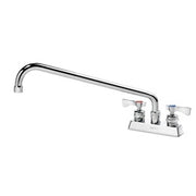 Chrome deck mount faucet with 16-inch curved spout and dual handles on white background.