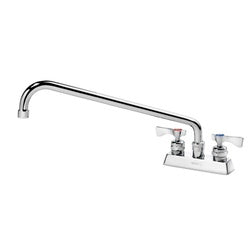 Chrome deck mount faucet with 16-inch curved spout and dual handles on white background.