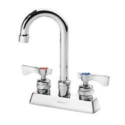 Chrome deck mount faucet with gooseneck spout and dual lever handles.