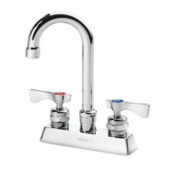 Chrome deck mount faucet with gooseneck spout and dual lever handles.