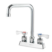 Chrome deck mount faucet with tall double bend spout and two lever handles on white base.