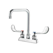 Chrome deck mount faucet with tall curved spout and two wristblade handles.