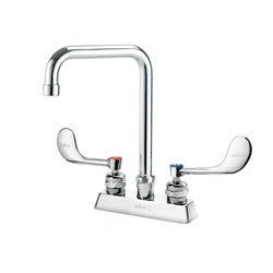 Chrome deck mount faucet with tall curved spout and two wristblade handles.