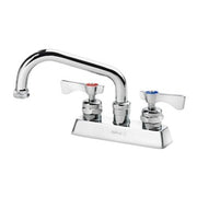 Chrome deck-mount laundry faucet with curved spout, dual handles, and hose adapter attachment.