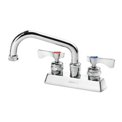 Chrome deck-mount laundry faucet with curved spout, dual handles, and hose adapter attachment.