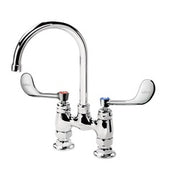 Chrome deck-mounted faucet with curved gooseneck spout and two wristblade handles on square base.