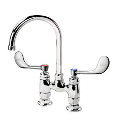Chrome deck-mounted faucet with curved gooseneck spout and two wristblade handles on square base.