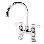 Chrome deck mount faucet with dual handles and curved gooseneck spout.