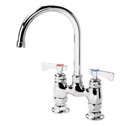 Chrome deck mount faucet with dual handles and curved gooseneck spout.