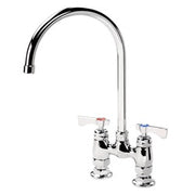 Chrome deck mount faucet with dual handles and curved gooseneck spout.