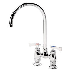 Chrome deck mount faucet with dual handles and curved gooseneck spout.