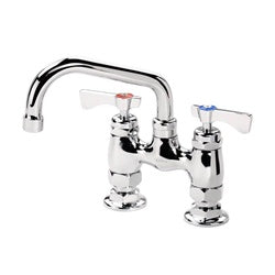 Chrome deck mount faucet with dual handles, 6-inch curved spout, and clear lever handles.