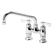 Chrome deck mount faucet with two handles, 4-inch center spacing, and 8-inch curved spout.