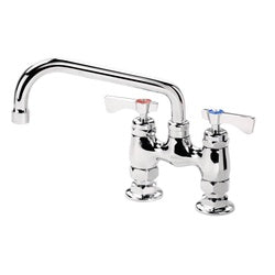 Chrome deck mount faucet with two handles, 4-inch center spacing, and 8-inch curved spout.