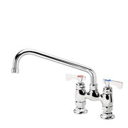 Chrome deck-mount faucet with dual lever handles and curved swing spout.