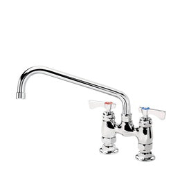 Chrome deck-mount faucet with dual lever handles and curved swing spout.