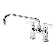 Stainless steel deck mount faucet with 10-inch curved spout and dual lever handles.
