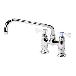 Stainless steel deck mount faucet with 10-inch curved spout and dual lever handles.