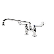 Chrome deck mount faucet with 12-inch swing spout and wristblade handles.