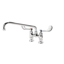 Chrome deck mount faucet with 12-inch swing spout and wristblade handles.