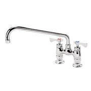 Chrome deck mount faucet with dual handles and 12-inch curved spout, 4-inch center configuration.