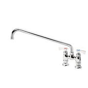 Chrome deck mount faucet with long curved spout and dual lever handles.