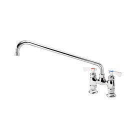 Chrome deck mount faucet with long curved spout and dual lever handles.