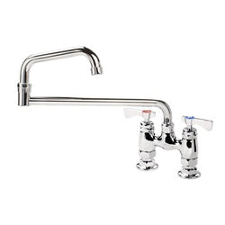 Chrome deck mount faucet with dual handles and long jointed spout.