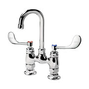 Chrome deck-mount faucet with curved gooseneck spout and two wristblade handles on white base.