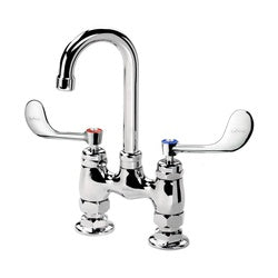 Chrome deck-mount faucet with curved gooseneck spout and two wristblade handles on white base.