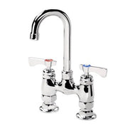 Chrome deck mount faucet with dual handles and curved gooseneck spout.