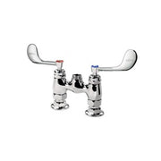 Chrome deck mount faucet body with two wrist blade handles and 4-inch center spacing.