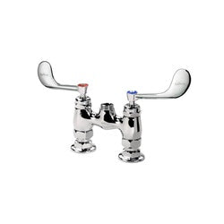 Chrome deck mount faucet body with two wrist blade handles and 4-inch center spacing.