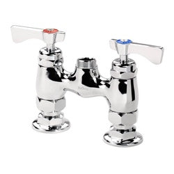 Chrome deck mount faucet with two handles, center spout, and 4-inch spread configuration.