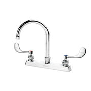 Chrome deck mount faucet with curved gooseneck spout and two wristblade handles on white base.