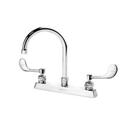 Chrome deck mount faucet with curved gooseneck spout and two wristblade handles on white base.
