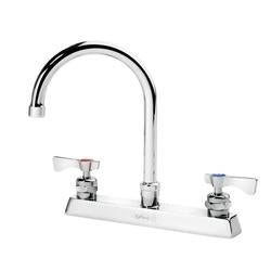 Chrome deck mount faucet with gooseneck spout and two handles on white base.