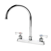 Chrome deck mount faucet with gooseneck spout and dual handles on white base.