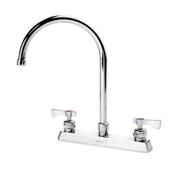 Chrome deck mount faucet with gooseneck spout and dual handles on white base.