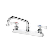 Chrome deck mount faucet with dual handles, curved spout, and clear spray valve on white base.
