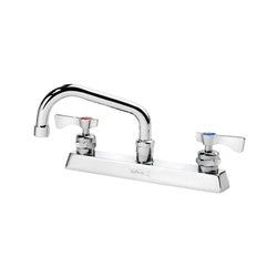 Chrome deck mount faucet with dual handles, curved spout, and clear spray valve on white base.