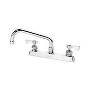 Deck mount faucet with 8-inch swing spout, two lever handles, and chrome finish.