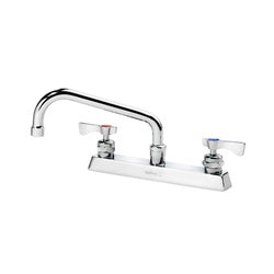 Deck mount faucet with 8-inch swing spout, two lever handles, and chrome finish.