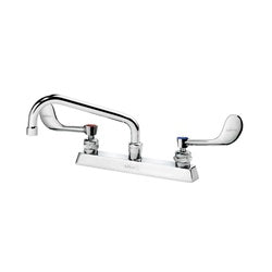 Chrome deck mount faucet with 8-inch swing spout and two wristblade handles.