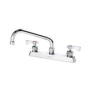 Chrome deck mount faucet with 8-inch curved spout and two handles on white base.