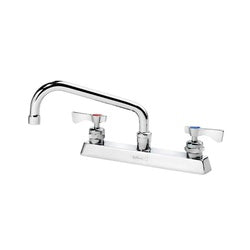 Chrome deck mount faucet with 8-inch curved spout and two handles on white base.
