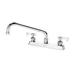 Chrome deck mount faucet with dual handles and 10-inch curved spout.