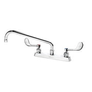 Chrome deck mount faucet with 12-inch swing spout and wristblade handles.