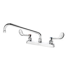 Chrome deck mount faucet with 12-inch swing spout and wristblade handles.