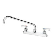 Chrome deck mount faucet with 8-inch center, 12-inch curved spout, and two lever handles.